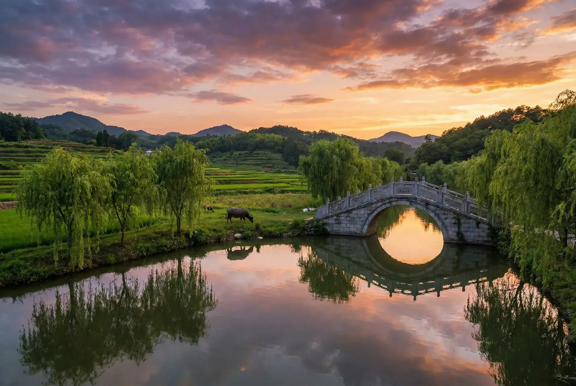 夕阳下的石拱桥与垂柳，水牛在河边吃草 - 唐诗宋词秘密入口 乡村美景