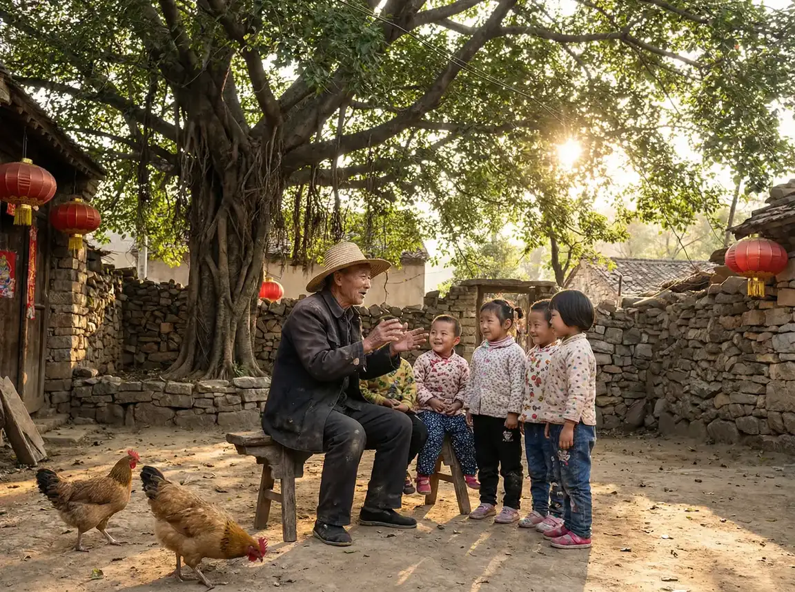老人在大榕树下给孩子们讲故事 - 唐诗宋词秘密入口 乡村记忆